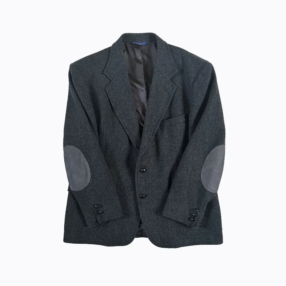 Vtg Pendleton Virgin Wool Tweed Sport Coat Blazer 46 Gray Suede Elbow Patch Prep